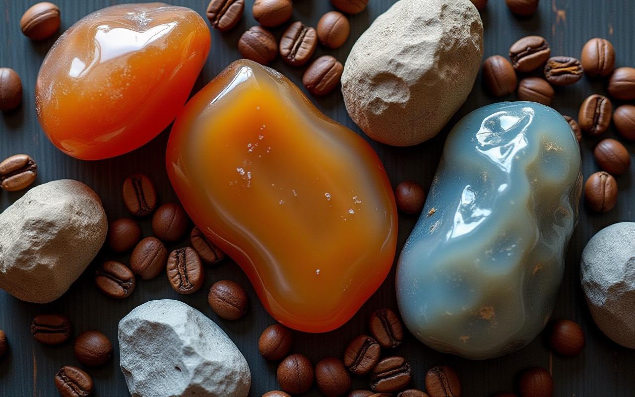 Artistic shot of raw agate stones and roasted coffee beans elegantly arranged.