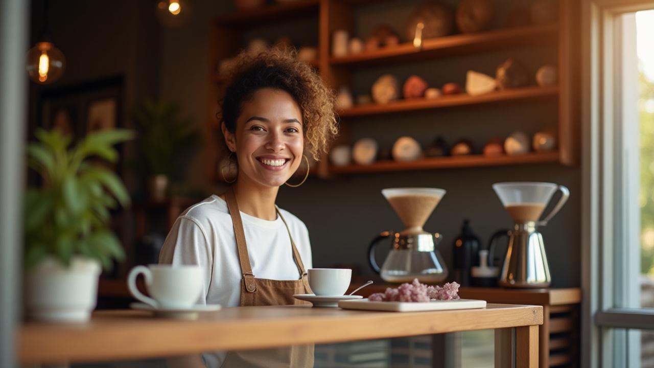 Agate Aroma founder smiling warmly in their coffee and gemstone boutique