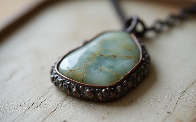 Close-up of a handcrafted necklace featuring a polished natural stone and intricate metalwork.