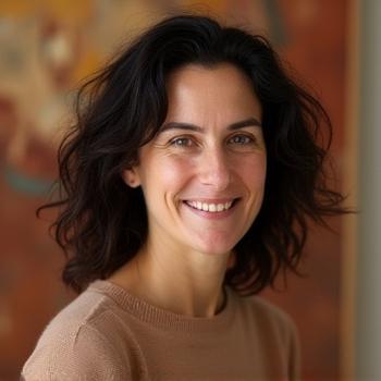 Portrait of Elena Petrova, a smiling artist with her artwork in the background.