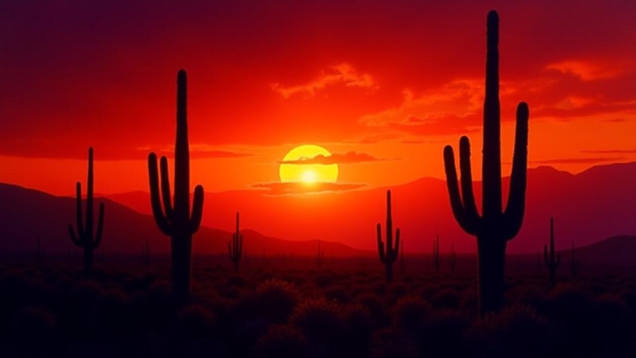 Elena Petrova's painting of saguaro cacti silhouetted against a vibrant sunset.