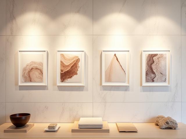 A diverse collection of art pieces, including small sculptures and framed prints, displayed on a textured wall in a boutique.