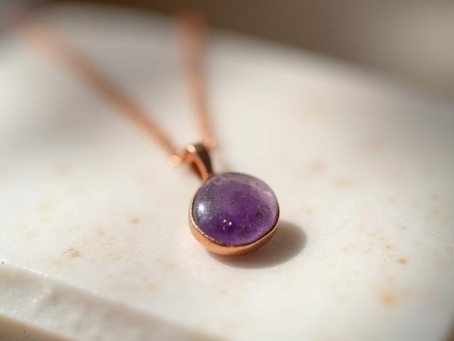 Delicate necklace featuring a polished raw amethyst crystal on a display.