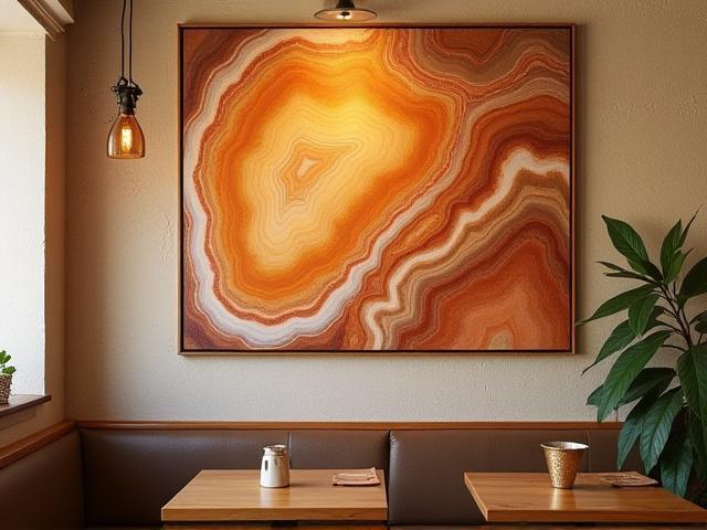 Abstract painting with earthy tones and mineral-like textures on a cafe wall.