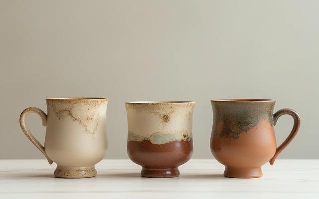 Collection of unique, artist-designed ceramic coffee mugs with various glazes and patterns.