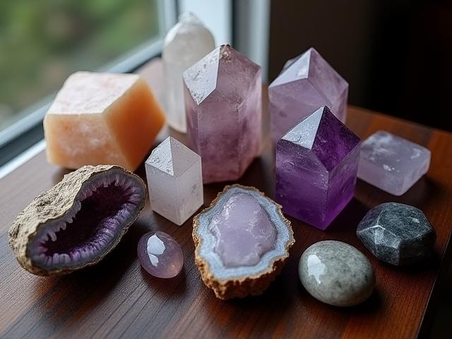 Collection of various polished and raw crystals and gemstones on a wooden surface, soft natural light